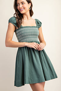 Emerald Green Smocked Sleeveless Cotton Gauze Mini Dress