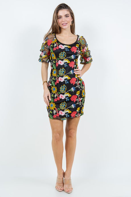 Black Floral Embroidery Tulle Dress, Vestido