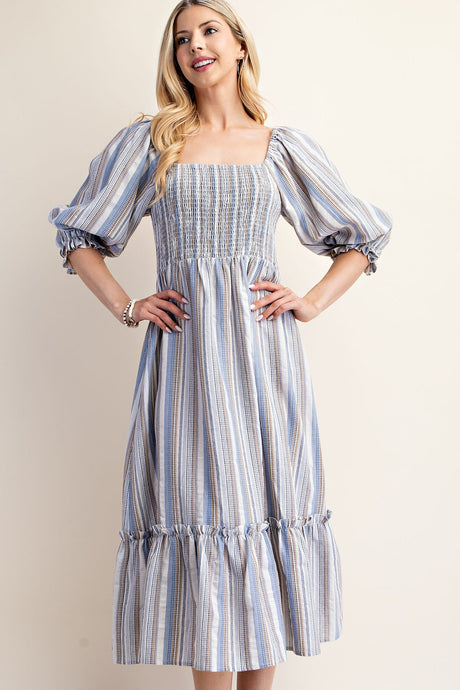 Ivory/Blue Striped Puff Sleeve Midi Dress