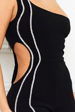 Black Rhinestone Trim One Shoulder Jumpsuit