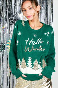 Green Hello Winter Tree Sequin Detail Sweater