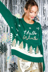 Green Hello Winter Tree Sequin Detail Sweater
