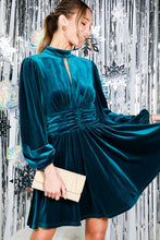 Teal Mock Neck Shirring Waist Velvet Mini Dress
