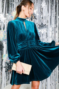 Teal Mock Neck Shirring Waist Velvet Mini Dress