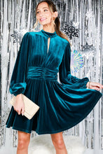 Teal Mock Neck Shirring Waist Velvet Mini Dress