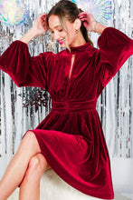Burgundy Mock Neck Shirring Waist Velvet Mini Dress