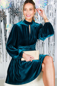 Teal Mock Neck Shirring Waist Velvet Mini Dress