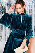 Teal Mock Neck Shirring Waist Velvet Mini Dress