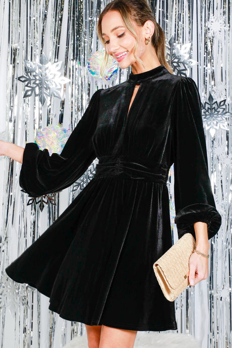 Black Mock Neck Shirring Waist Velvet Mini Dress