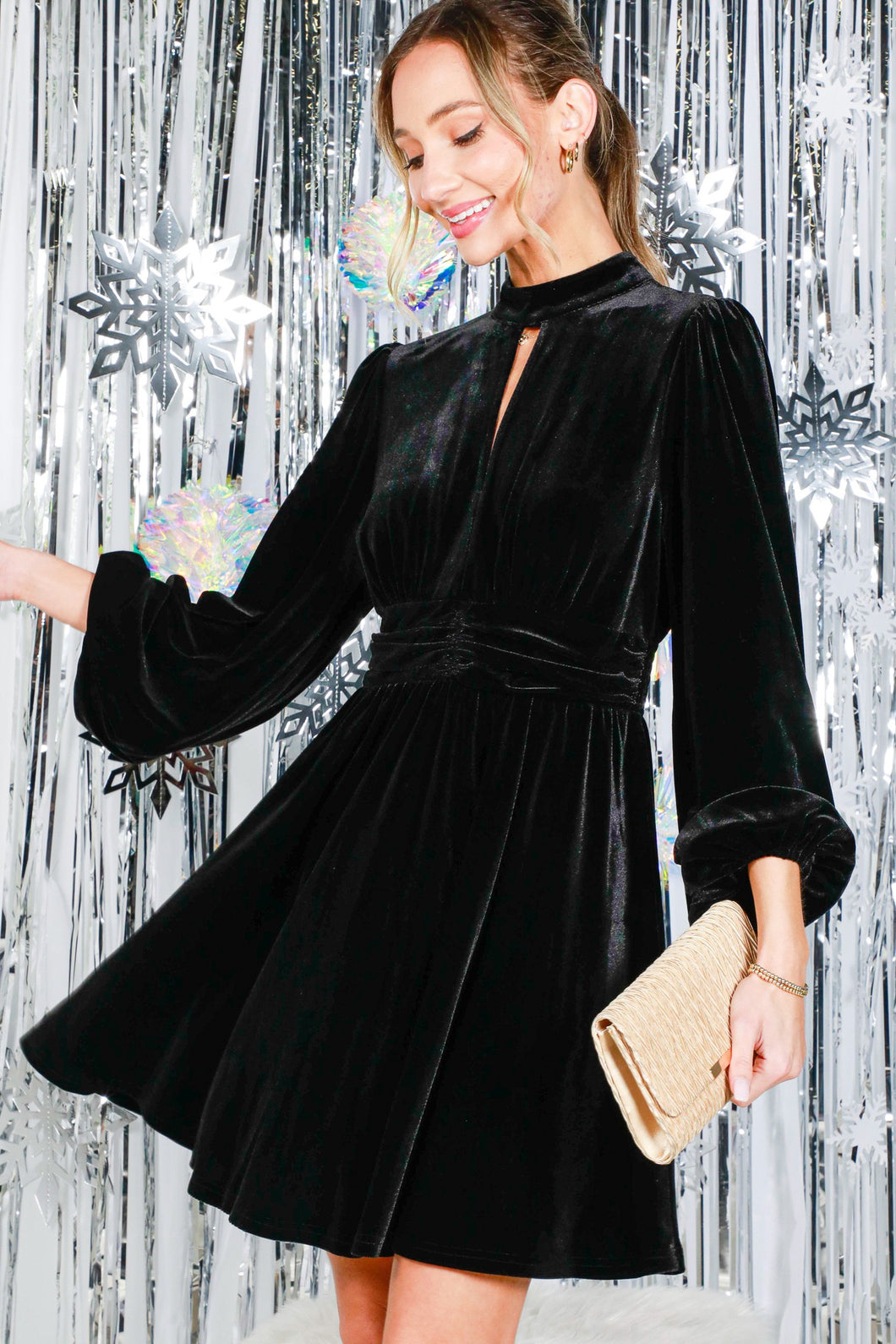 Black Mock Neck Shirring Waist Velvet Mini Dress