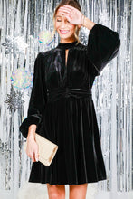Black Mock Neck Shirring Waist Velvet Mini Dress
