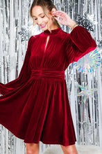 Burgundy Mock Neck Shirring Waist Velvet Mini Dress
