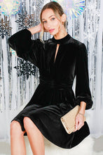 Black Mock Neck Shirring Waist Velvet Mini Dress