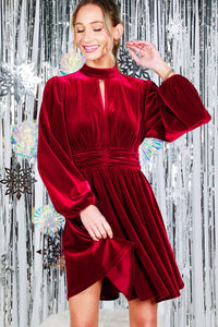 Burgundy Mock Neck Shirring Waist Velvet Mini Dress