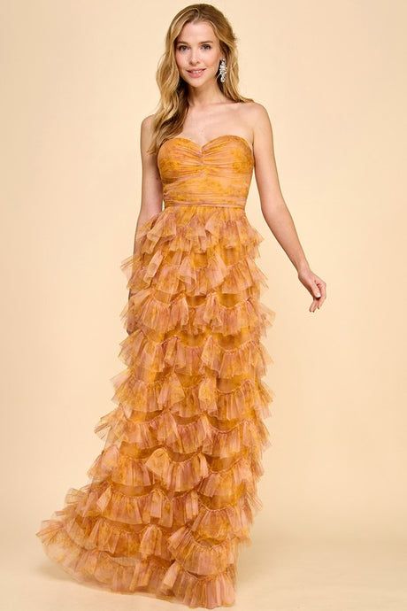Mustard Multi Strapless Ruffle Layered Maxi Dress