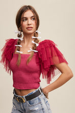 Deep Rose Tiered Ruffle Sleeve Smocked Square Neck Top
