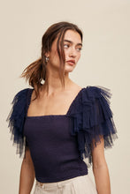 Navy Tiered Ruffle Sleeve Smocked Square Neck Top