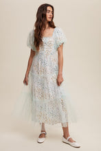 Mint Floral Print And Mesh Puff Sleeve Maxi Dress