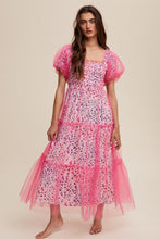 Magenta Floral Print And Mesh Puff Sleeve Maxi Dress