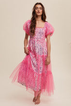 Magenta Floral Print And Mesh Puff Sleeve Maxi Dress