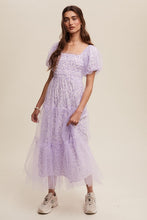 Lilac Floral Print And Mesh Puff Sleeve Maxi Dress