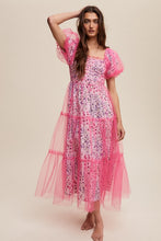 Magenta Floral Print And Mesh Puff Sleeve Maxi Dress