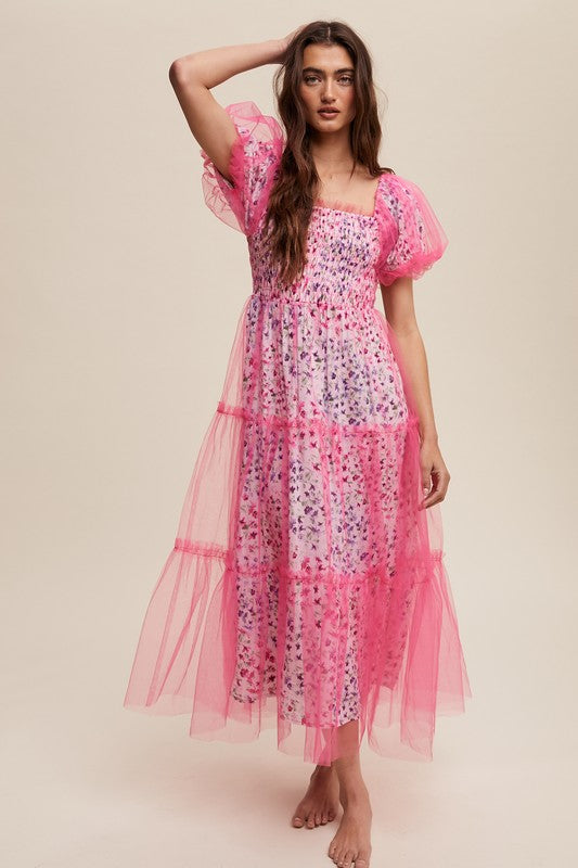 Magenta Floral Print And Mesh Puff Sleeve Maxi Dress
