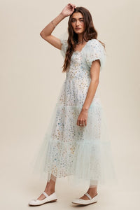 Mint Floral Print And Mesh Puff Sleeve Maxi Dress