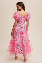 Magenta Floral Print And Mesh Puff Sleeve Maxi Dress