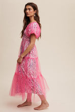 Magenta Floral Print And Mesh Puff Sleeve Maxi Dress