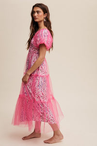 Magenta Floral Print And Mesh Puff Sleeve Maxi Dress