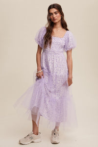 Lilac Floral Print And Mesh Puff Sleeve Maxi Dress