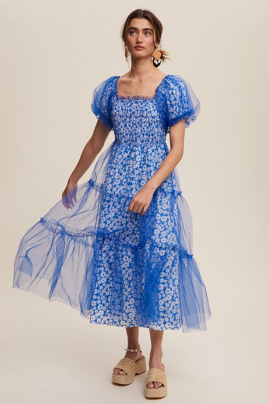 chinese dress ladies Bright Blue Floral Print And Mesh Puff Sleeve Maxi Dress – Aquarius Brand