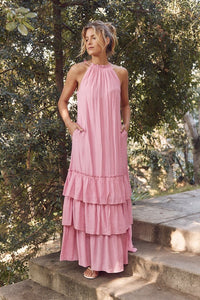 Pink Halter Neck Ruffled Maxi Dress