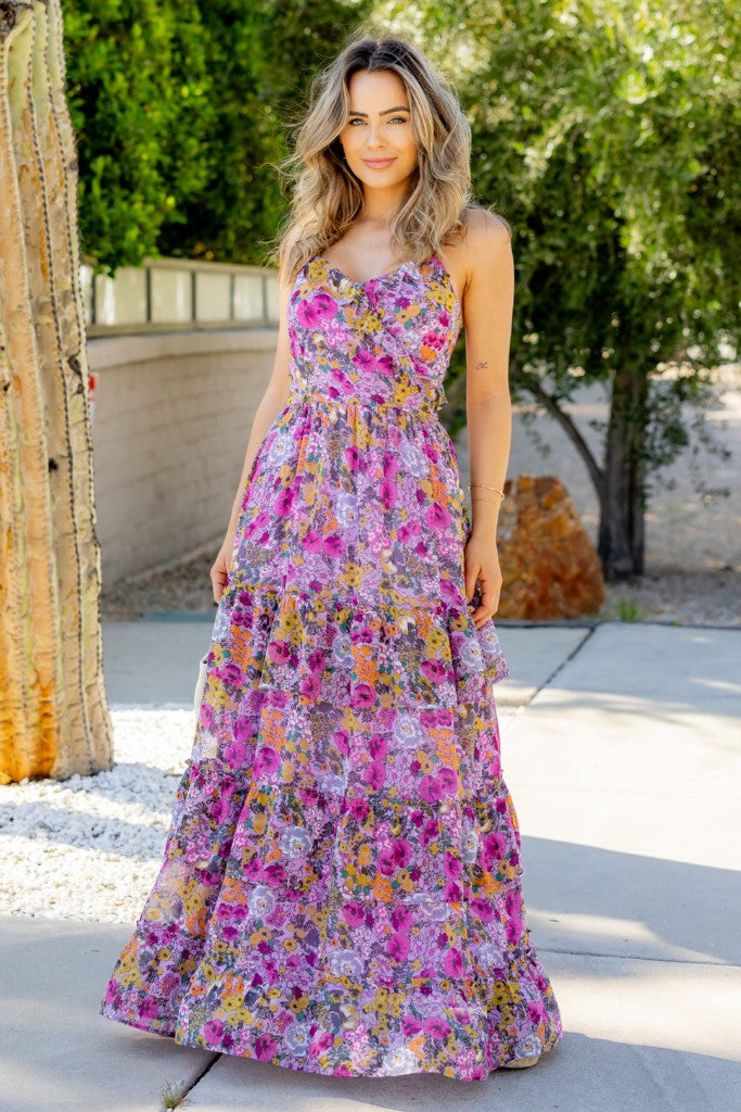 Lavender Print Chiffon Maxi Dress