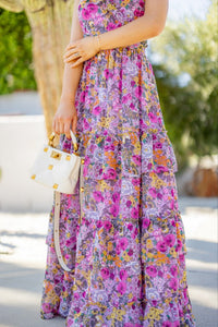 Lavender Print Chiffon Maxi Dress