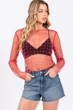 Red Rhinestone Studded Long Sleeve Top