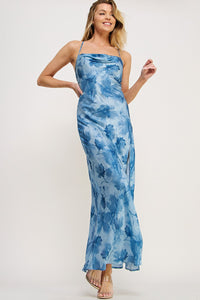 Steel Blue Floral Cross Strap Open Back Slit Dress