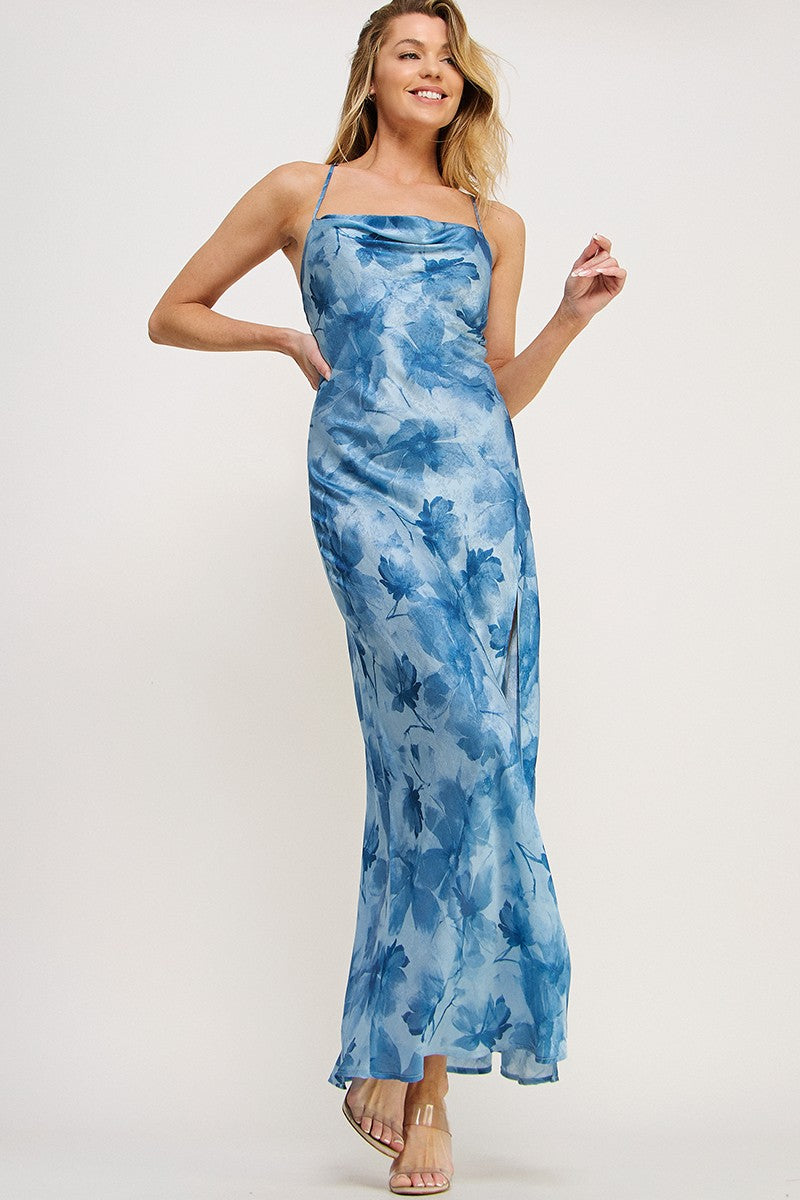 Steel Blue Floral Cross Strap Open Back Slit Dress  Aquarius Brand