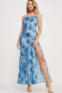Steel Blue Floral Cross Strap Open Back Slit Dress