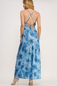 Steel Blue Floral Cross Strap Open Back Slit Dress