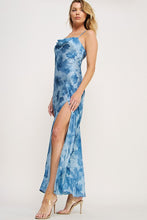Steel Blue Floral Cross Strap Open Back Slit Dress