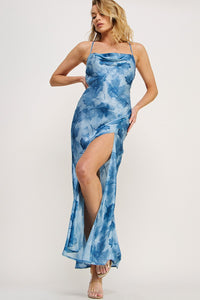 Steel Blue Floral Cross Strap Open Back Slit Dress