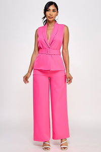 Pink Vest With Tie Waist Belted & Pants Set