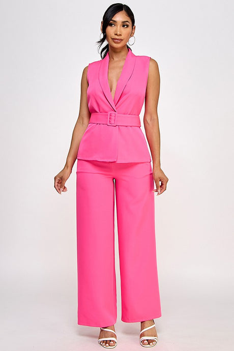 Pink Vest With Tie Waist Belted & Pants Set