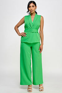 Green Vest With Tie Waist Belted & Pants Set