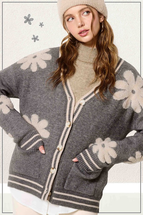 Pebble Oversized Floral Pattern Button Down Cardigan