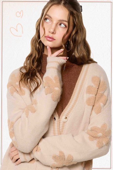 Soy Latte Oversized Floral Pattern Button Down Cardigan
