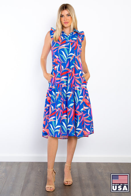 Royal Blue Woven Collar Print Midi Dress
