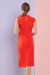 Orange Mock Neck Side Slit Jersey Midi Dress